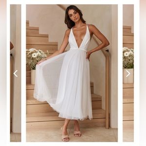 FLOATING BY PLUNGING NECKLINE MESH OVERLAY MIDI DRESS WHITE